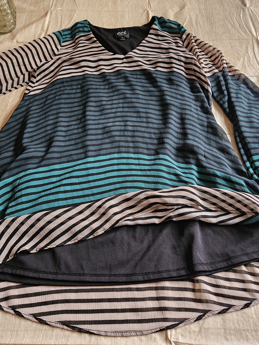 ECI New York Shift Dress Size 8 Striped V-Neck Bell Sleeve Sheer Overlay Teal - Picture 11 of 15